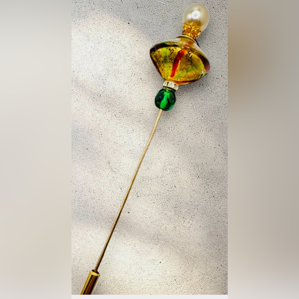 Elegant Gold and Green Murano glass Hat Pin with Pearl Accent or Lapel Pin